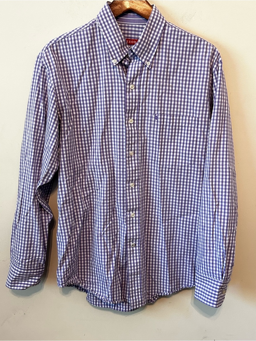 IZOD Mens Button Down Shirt Purple Gingham Check Non Iron Stretch Large Cotton